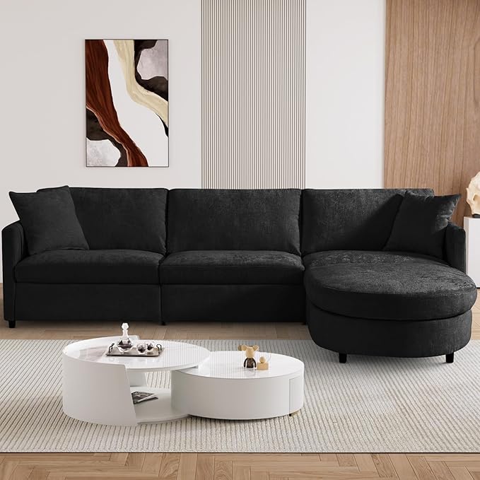 L Shaped Sectional Sofa Couch 106.7 Comfy Chenille 4 Seat Deep Seat Sofa Set with 2 Pillows &amp Convertible Ottoman Modern Modular Cloud Couch for Living Room Office Apartment Black