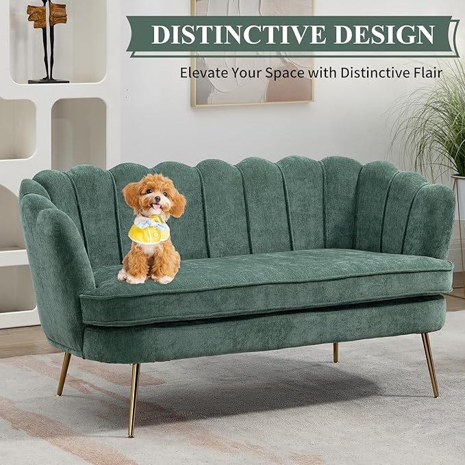 59 Wide Loveseat Sofa Chenille Upholstered Small Couch with Petal-Shaped Design Modern Leisure Sofa with Gold Metal Legs Mini Room Couch for Bedroom Apartment (Green-Chenille)