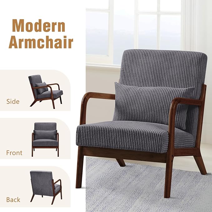 Furniliving Wooden Accent Chairs Set of 2 for Living Room Upholstered Reading Chair with Sturdy Wood FrameCorduroy Lounge Armchairs for Bedroom Indoor &amp Outdoor Patio Furniture Walnut Darkgre