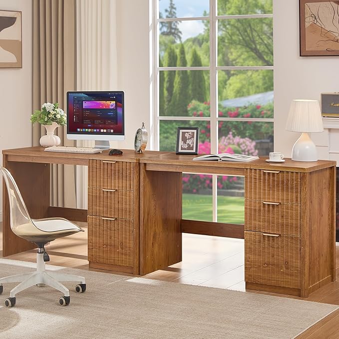 48 Modern Fluted Home Office Desk with Storage Cabinet Brown Wood Executive Desk with File Drawer &amp Golden Handles Large Computer Writing Table for OfficeStudy Living Room Bedroom
