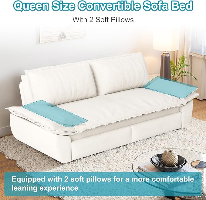 73.2 Inch Queen Size Sleeper Sofa Bed 3 in 1 Convertible Pull Out Couch Velvet Loveseat Sofa Couch Bed with Pillow for Apartment Bedroom Living Room Beige