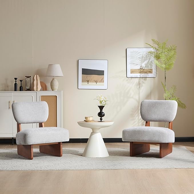 GDFStudio Upholstered Armless Accent Chairs Set of 2 Modern Side Chair Minimalist Leisure Chair with Backrest for Living Room Bedroom Reading Room Gray Cushioned Seat &amp Walnut Base