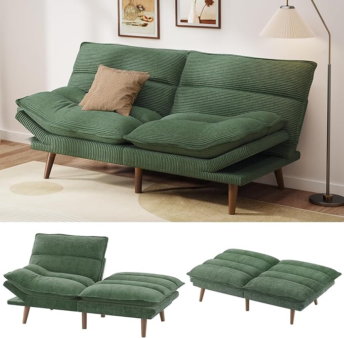 Pipishell Futon Sofa Bed Convertible Futon Adjustable Backrest &amp Armrests Corduroy Sleeper Couch for Small Spaces Living Room Office Guest Room (Moss Green 66 Inch)