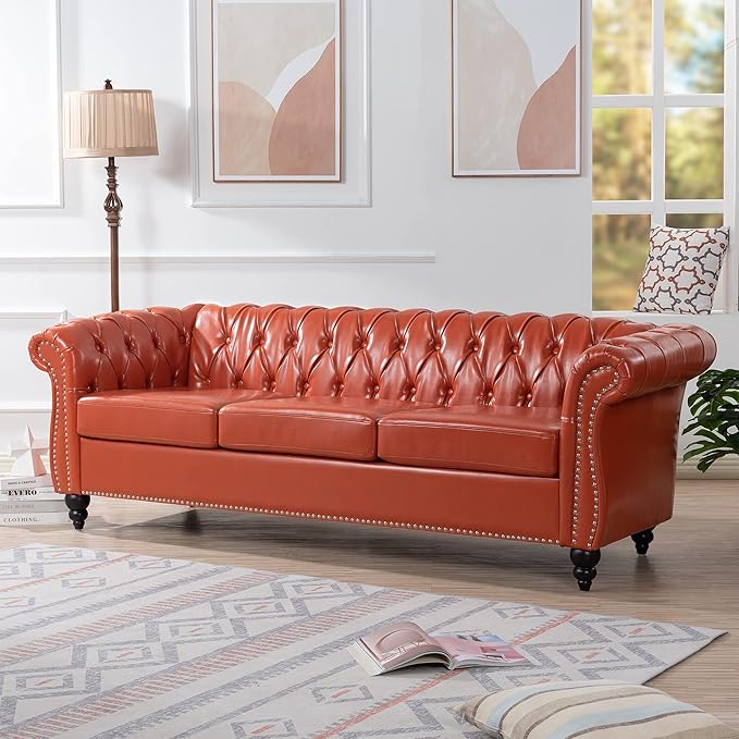 GDFStudio 85 Tufted Button Chesterfield Sofa with Deep Seat Cushions Rolled Arms &amp Accent Strip Midcentury Modern 3-Seater Upholstered Sofa Couch for Living Room Classic Furniture Orange + PU