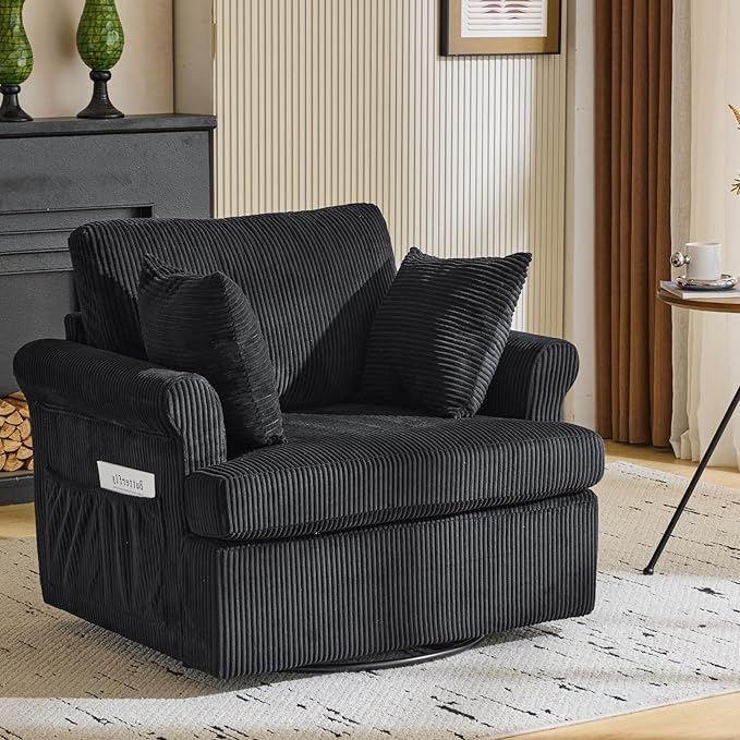 39 Oversized Armchair360°Swivel Accent ChairComfy Upholstered Corduroy Chairs W/2 Pillows and 2 Side PocketsModern Side Reading Seat for Living RoomBedroom and Office (Black)