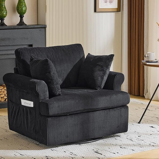 39 Oversized Armchair360°Swivel Accent ChairComfy Upholstered Corduroy Chairs W/2 Pillows and 2 Side PocketsModern Side Reading Seat for Living RoomBedroom and Office (Black)