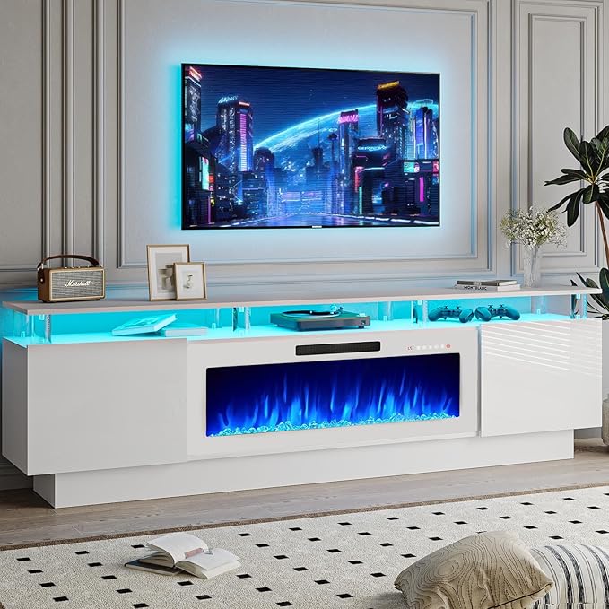 70 Modern Fireplace TV Stand with 36 Electric Fireplace for TVs Up to 80 inch Luxury LED Light Entertainment Center with High Gloss Cabinet (White with White Fireplace 70 (8 Acrylic Posts))
