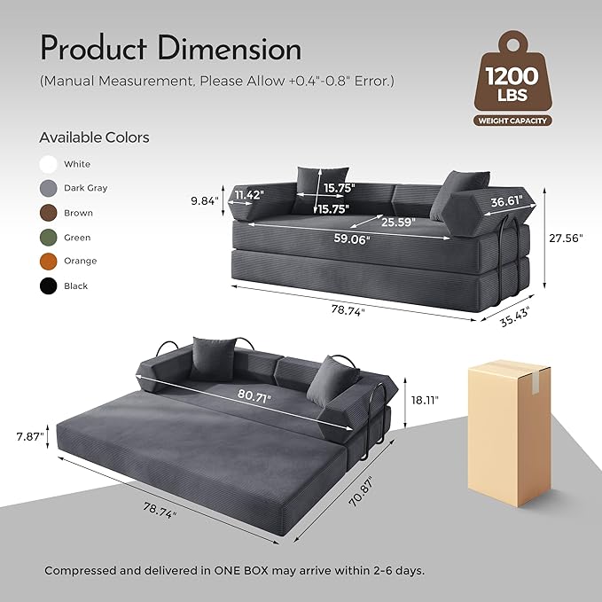79'' Convertible Sofa Bed 5-in-1 Folding Sleeper Couch with Pull Out Bed Corduroy Modular Floor Sofa No Assembly Space Saving Guest Bed for Living Room Apartment Bedroom (Dark Gray1) | Convertible