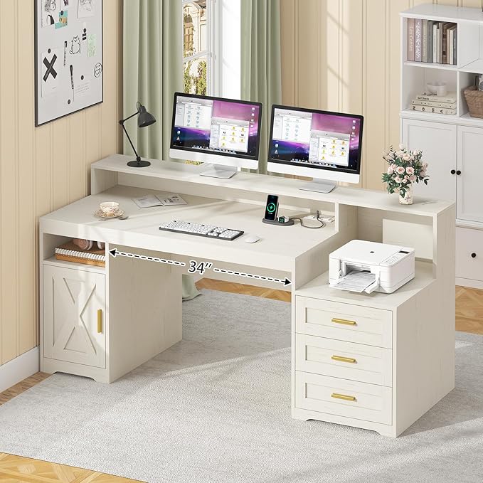 TVU Farmhouse Computer Desk with Drawers 65'' Home Office Desk with Power Outlets Storage Cabinet and Printer Stand Study Writing Desks with Long Monitor Stand White
