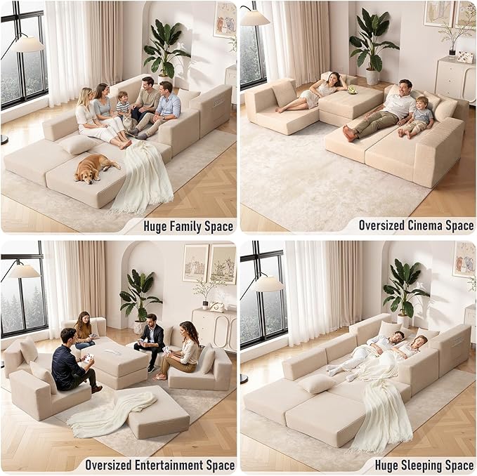 102 Upgraded L-shaped Modular Sectional Couches for Living Room Convertible Oversized Sleeper Sofa Bed-Luxury 1.5 Queen Bed. 11-in-1 Multifunctional Corduroy Boneless Folding Futon Couch Beige.