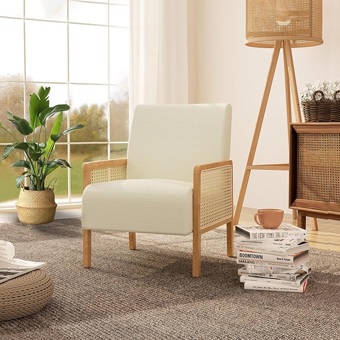 Rattan Accent Chair with Rattan Arms Mid Century Modern Chair for Living Room Linen Upholstered Comfy Chair for Bedroom Reading Room Home Office Beige