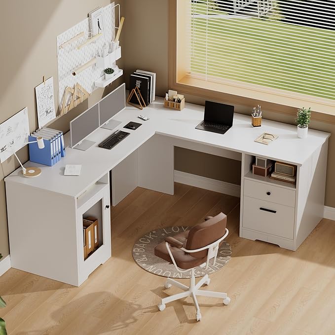 MU L Shaped Desk with File Drawer 60 Inch Corner Desk with Storage Drawers &amp Cabinet Large Home Office Table with Power Outlets Wood Executive Office Desk White