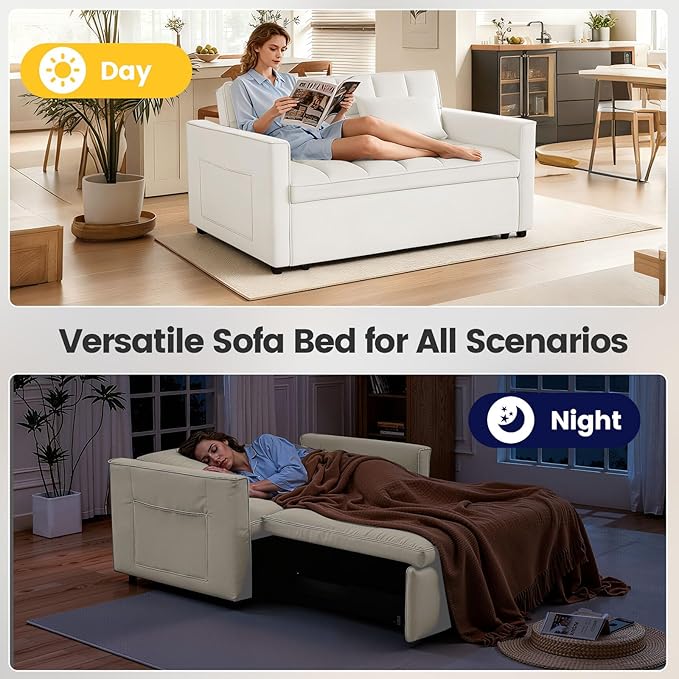 Convertible Sofa Bed Pull Out Couch with Side Pockets 3 in 1 Velvet Fabric Loveseat Sleeper Sofa Bed Pull Out Couch with Adjustable Backrest for Living Room Bedroom Apartment White