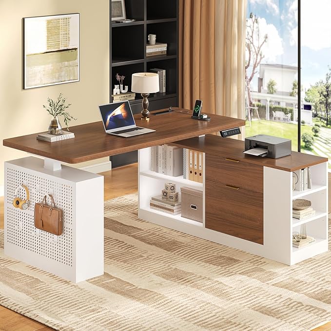 L Shaped Standing Desk Adjustable Height 53 Electric Office Desk with File Drawers &amp Storage Shelves Sit Stand Corner Computer Desk with Power Outlets Pegboard 6 Hooks White&amp Walnut