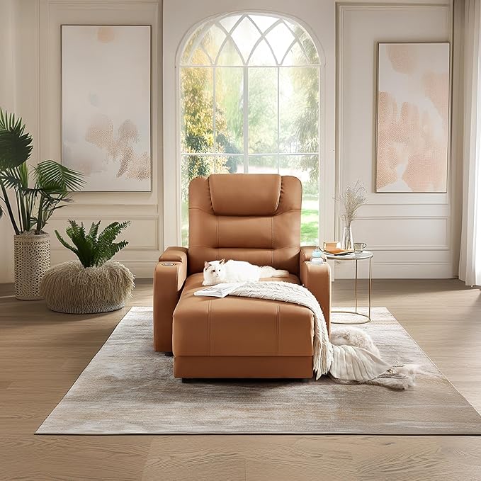 Power Recliner Chair with Cup Holder Comfy Reading Chair for Bedroom Oversized Recliner for Living RoomApartment (Faux Leather Brown)