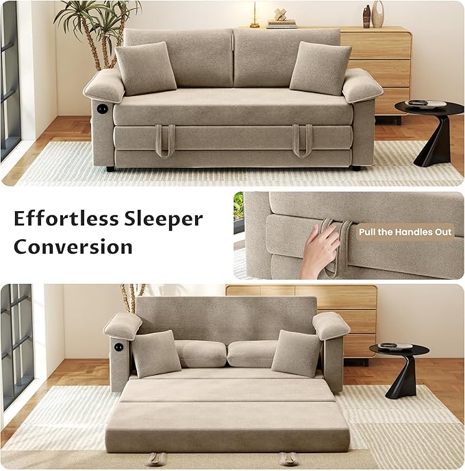 SUNWAVE Oversized Loveseat Sleeper Sofa 77 Convertible Sofa Bed 2-Seat Pull Out Couch w/USB Chenille Queen Folding Sofa Bed for Living Room Small Spaces Bedroom (Chestnut)