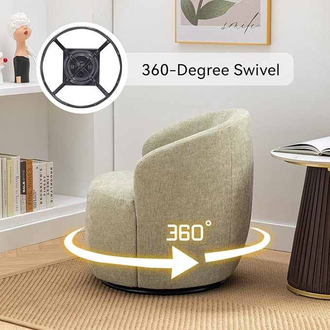 360 Degree Swivel Accent Chair Modern Barrel Vanity Chair with Back Comfy Single Circle Couch for Living Room Bedroom Reading Nook (Chenille Light Green)