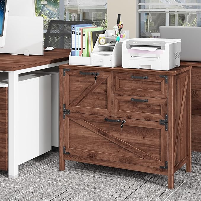 Lateral File Cabinet with 4 Drawers Farmhouse File Cabinet for Letter/Legal/A4 Size Hanging Files Large Wood File Storage Cabinets Printer Stand for Home Office Cabinets Brown with Lock