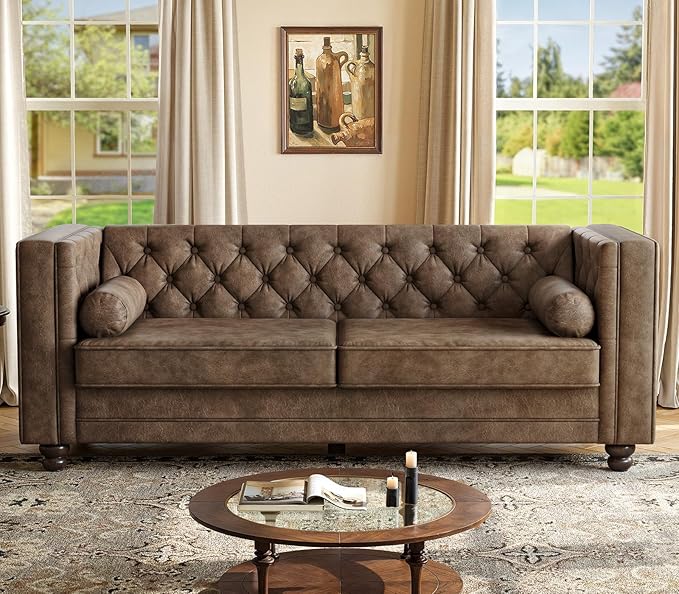 ONBRILL 79'' Faux Leather Couch for Living Room Comfy Chesterfield Button-Tufted Sofa with 2 Bolster Pillows and Wood Legs Mid-Century Modern Deep Seat Couch for Apartment Office Brown