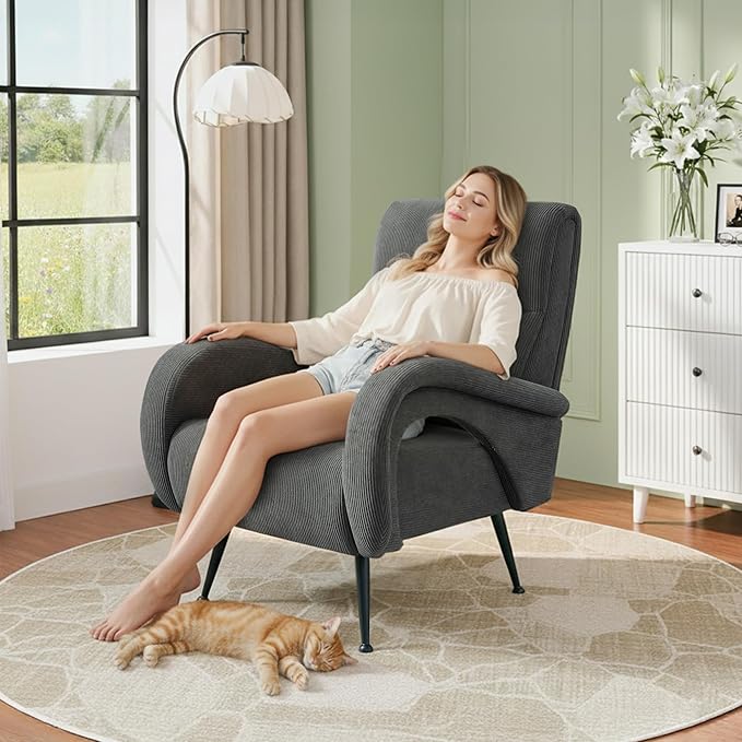 Modern Accent Chair Reading Chair with Corduroy Fabric Upholstered and Hight Backrest Single Sofa Chairs for Living Room Apartment Bedroom and Small Spaces. (Grey)