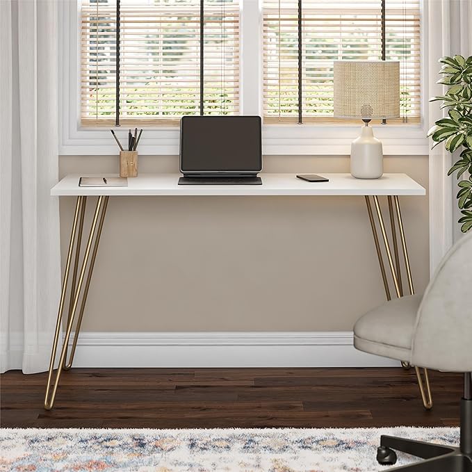 Writing Desk White and Gold - Minimalist Industrial Hairpin Leg Desk Sturdy Engineered Wood Desktop Compact Home Office Study Table Laptop Workstation