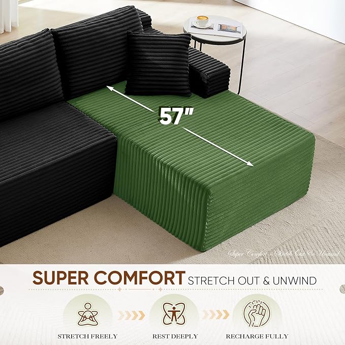 103 Modern L-Shaped Modular Sectional Sofa Comfy Corduroy Deep Seat Oversized Black Cloud Couch Deep Seat Compressed Foam Boneless Couches for Living Room No Assembly (Black Right Facing Chaise)