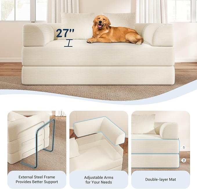 Cloud Boneless Convertible Floor Sofa Bed 70 4-in-1 Foldable Compressed Loveseat Lounge Sleeper 2 Seater Couches High-Density Sponge &amp Corduroy Fabric Futon Daybed for Living Room Bedroom(Beige