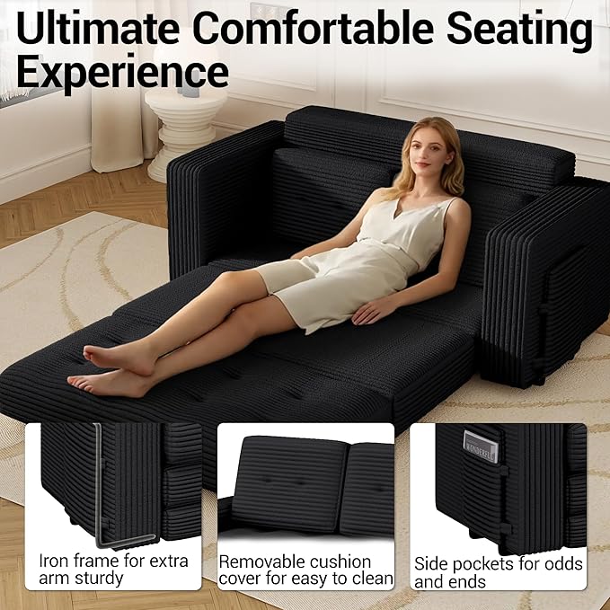 Convertible Boneless Sofa Bed 2 in 1 Pull Out Loveseat Sleeper Sofabed Folding Couch Bed with Pillows for Living Room Bedroom Small Space Black