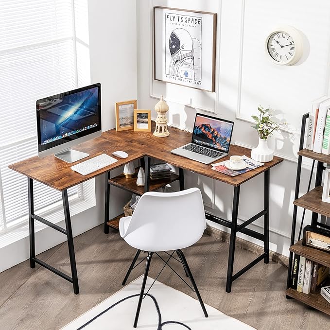 Tangkula L Shaped Desk Space Saving Corner Desk w/ 2 Tier Storage Shelves Study Writing Desk Workstation with Reinforced Metal Frame Home Office Desk (Rustic Brown)
