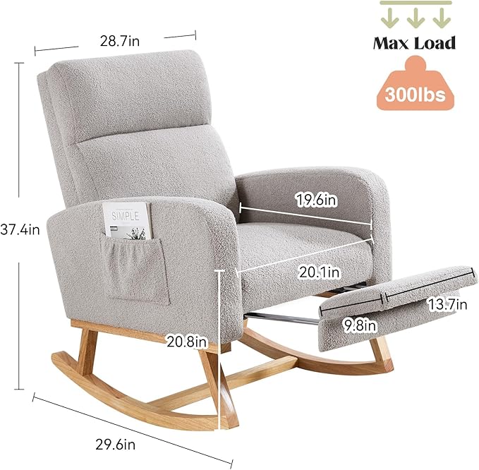 Rocking Chair Nursery with Foot Rest Teddy Nursing Rocking Chairs for Mom Nursery Rocker Glider Chair with Footrest for Living Room Bedroom Light Gray