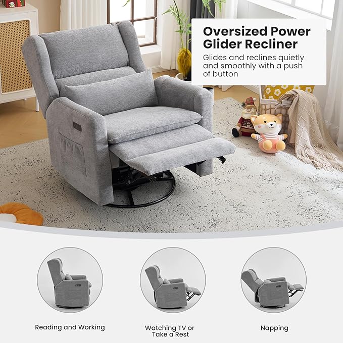 Power Recliner ChairOversized Swivel Rocker Recliner with Adjustable HeadrestNursery Rocking Chair with Lumbar Cushion for Living RoomGrey