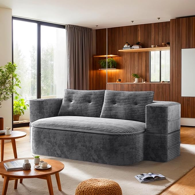 78.7 Folding Futon Corduroy Sleeper Sofa Bed Convertible Floor Boneless Sofa Full Size Compression Loveseat with 2 Pillows No Assembly 2-in-1 Foldable Couch for Living Room (Dark Gray)