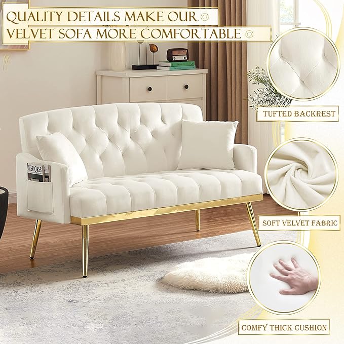 Antetek Upholstered Velvet Loveseat Sofa Modern Small Couch with Side Pocket and Golden Metal Legs Tufted Leisure Sofa for Living Room Bedroom Office Small Space Light Beige