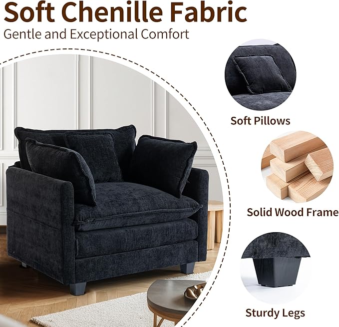 SweetGO corporation 40 Chenille Lounge Chair for Reading Modern Couch Cozy Sofa Bed Upholstered Living Room Single Sofa Accent Chair with Ottoman Black