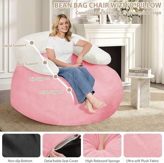 HABUTWAY Giant Bean Bag Chair Oversized Beanbag Chair with Filler Ultra Soft Faux Fur Bean Bag Lounge Floor Sofa w/U-Shaped Pillow for Gaming Reading Pink &amp Beige