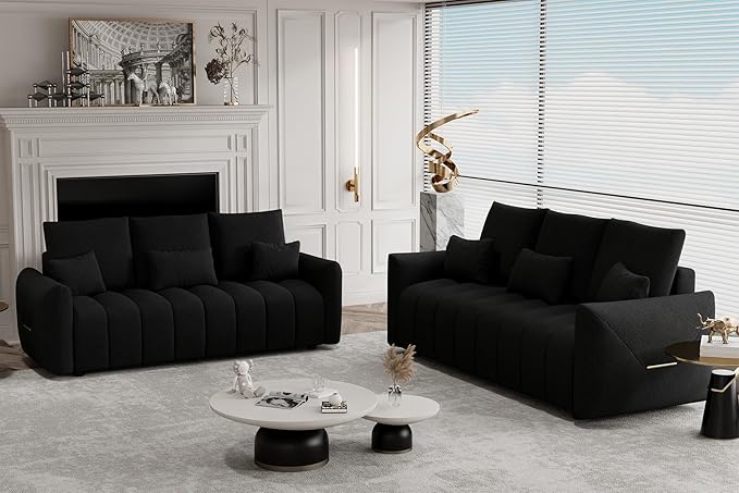 2 Piece Cloud Couch Sofa for Living Room 78 3-Seater Oversized Teddy Sectional Couches with Pillows and Back Cushions Comfy Modern Deep Seat Oversized Sofa for Bedroom Apartment Black