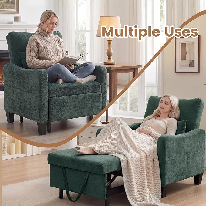3 in 1 Convertible Sofa Bed Chair Pull Out Single Sleeper Chair Bed with Adjustable Backrest Modern Lounge Sofa for Small SpaceDark Green