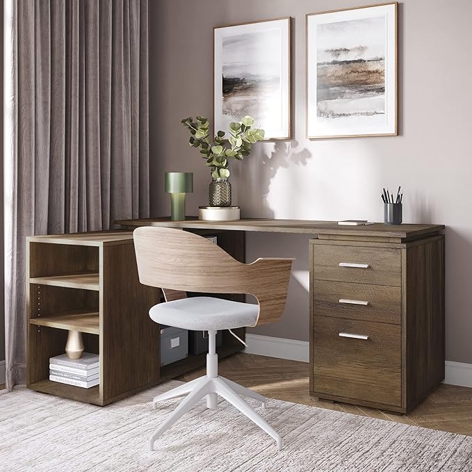 BELLEZE L Shaped Computer Desk 60” Study Writing Table Home Office Desk Morden Corner Workstation Setup with Adjustable Storage Shelves and 3 Drawers Rustic Oak