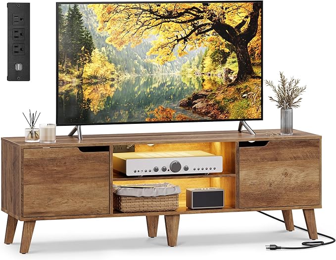 VASAGLE TV Stand with Charging Station for 65-Inch TVs Entertainment Center with LED Light 57.9-Inch Long Media Console Table Transitional Style for Living Room Bedroom Honey Brown ULTV560K01