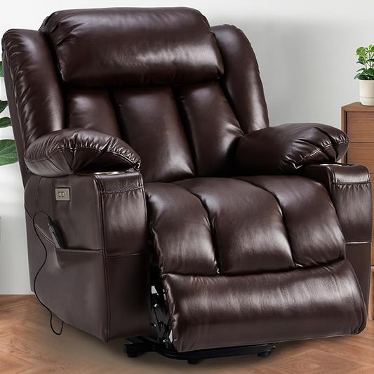Oversized Power Lift Recliner Leather Chair Sofa with Massage &amp Heat Lazy Boy Chair with Cup Holders USB &amp Type-C Ports Remote Control (Brown)