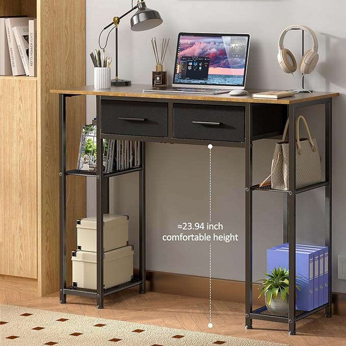 Computer Desk with Drawers 37.3 Inch Home Office Work Desk with Storage Shelf Kids Teens Study Table for Small Space Small Writing PC Table for Bedroom Makeup Vanity Desk Brown
