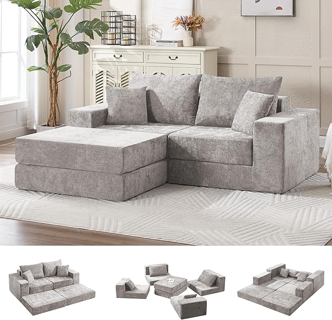 79 Boneless Loveseat Sofa Couch Modular Foldable Floor Cloud Sofa with Ottoman Lounge Convertible Sofa Bed for Living Room No Assembly Chenille Light Grey