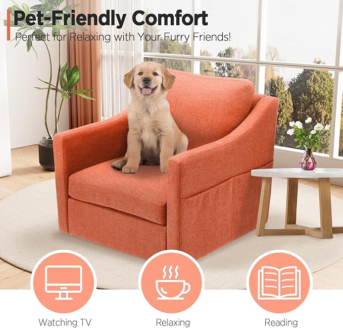 HOMREST 360° Swivel Accent Chair Single -Terracotta Orange Linen Fabric Armchair with Lumbar Pillow &amp Storage Pockets Ergonomic Barrel Chair for Living Room Office Bedroom