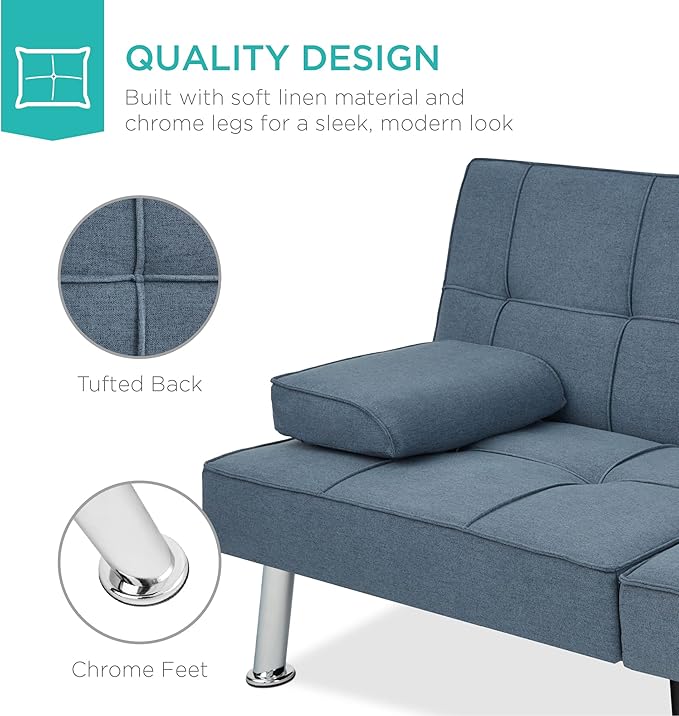 Best Choice Products Linen Modern Folding Futon Reclining Sofa Bed for Apartment Dorm w/Removable Armrests 2 Cupholders - Blue