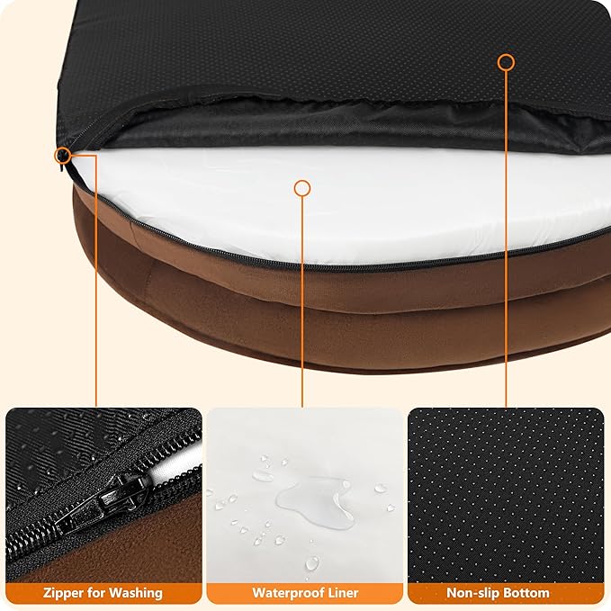 Dwanton Orthopedic Dog Bed for Large Dogs with Gel Memory Foam Waterproof Dog Sofa Washable Pet Bed with Four Sided Bolster Cushion Removable Cover &amp Non-Slip Bottom 42 Brown