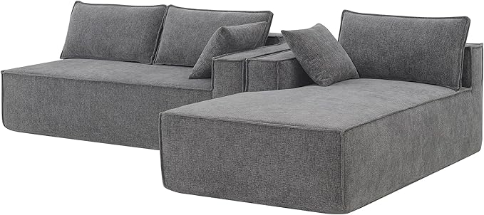 L-Shaped Corner Corduroy Sectional Sofa 4 Seat Modular Boneless Sofa Foam Cloud Couch with Movable Ottoman and Toss PillowsModern Deep Seat Convertible Chaise Sofa