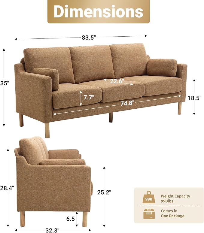 Tbfit 83.5 Linen Couch 3 Seater Mid Century Modern Sofa with Spring Cusions &amp Extra Deep Seat for Bedroom &amp Living Room Comfy Upholstered Couches Easy Assembly with Solid Wood Legs Ginger