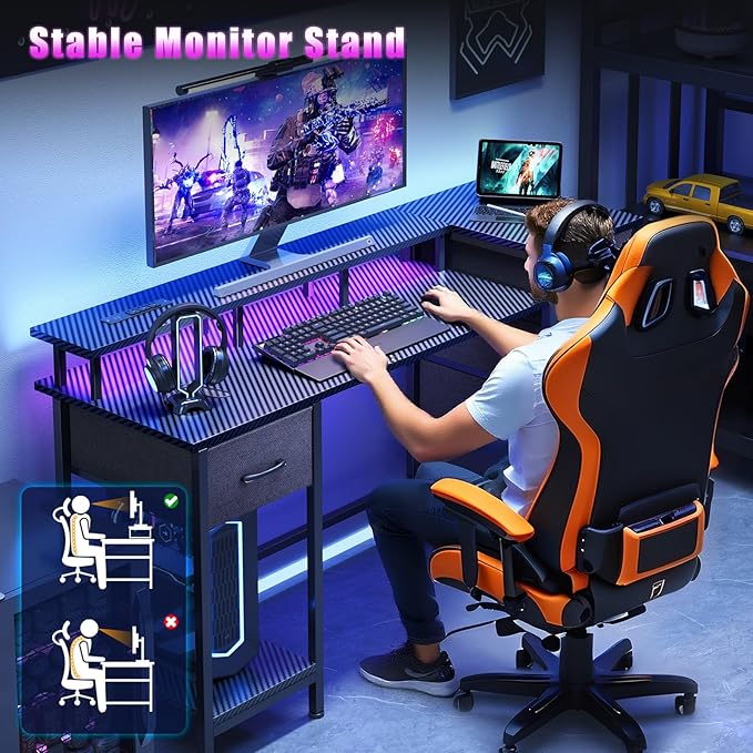 47 Inch Computer Gaming Desk with Power Outlets &amp LED Lights Reversible Home Office Desk with Adjustable 5 Fabric Storage Drawers for Working Writing Study Carbon Fiber Black