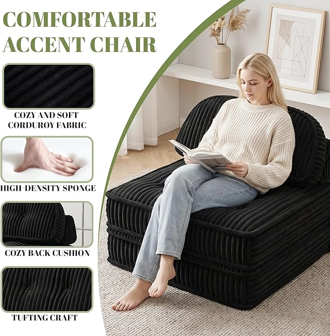 Foldable Sofa Bed in A BoxPortbale Compressed Chair BedCorduroy Convertible Twin Sleeper ChairFull Foam Fold Out Chaise Lounge for Living RoomBedroomApartment (Black)