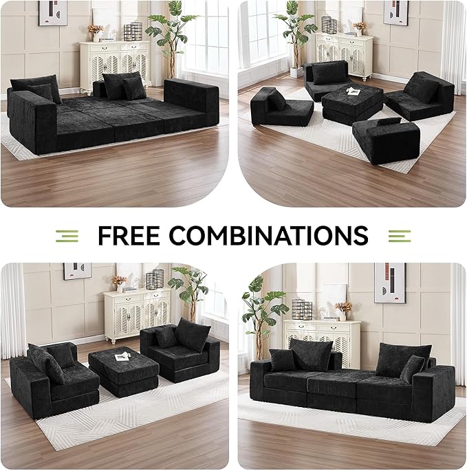 79 Boneless Loveseat Sofa Couch Modular Foldable Floor Cloud Sofa with Ottoman Lounge Convertible Sofa Bed for Living Room No Assembly Chenille Black